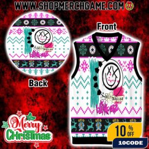 Blink-182 Ugly Christmas Sweater Vest Gile With Fair Isle Knit Pattern Skull Logo Pink Green Black Sleeveless Holiday Apparel For Pop Punk Fans Festive Knitted Gift