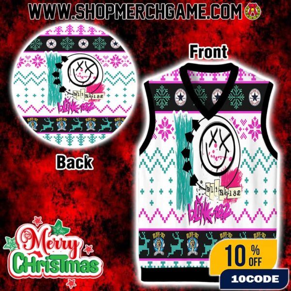 Blink-182 Ugly Christmas Sweater Vest Gile With Fair Isle Knit Pattern Skull Logo Pink Green Black Sleeveless Holiday Apparel For Pop Punk Fans Festive Knitted Gift