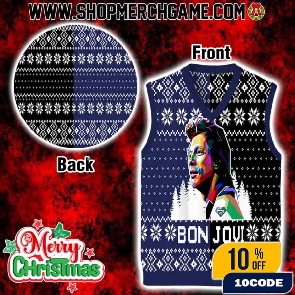 Bon Jovi Ugly Christmas Sweater Vest With Colorful Pop Art Portrait Fair Isle Knit Pattern Navy Blue Sleeveless Holiday Apparel For Rock Music Fans Festive Knitted Gift Gile