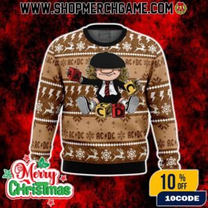 Brian Johnson AC/DC Chibi Style Ugly Christmas Sweater With Lightning Bolts Nordic Pattern Snowflakes Holiday Knit For Hard Rock Fan