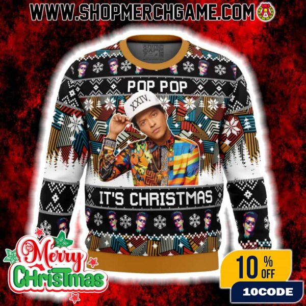 Bruno Mars Pop Pop It’S Christmas Ugly Christmas Sweater Funny Retro Holiday Knit Pullover