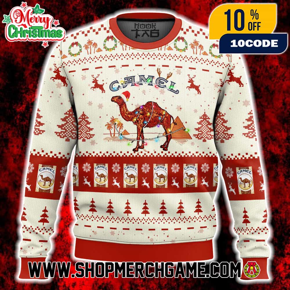 Camel Cigarettes Ugly Christmas Sweater Vintage Desert Pyramids Palm Trees Santa Hat Christmas Lights Holiday Knit With Reindeer Snowflakes Winter Festive Gift Camel Cigarettes Ugly Christmas Sweater Vintage Desert Pyramids Palm Trees Santa Hat Christmas Lights Holiday Knit With Reindeer Snowflakes Winter Festive Gift