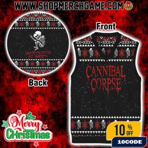 Cannibal Corpse Butchered At Birth Ugly Christmas Sweater Gile Vest Death Metal Holiday Knit With Skull Pattern And Nordic Design For Winter Festivities Cannibal Corpse Butchered At Birth Ugly Christmas Sweater Gile Vest Death Metal Holiday Knit With Skull Pattern And Nordic Design For Winter Festivities