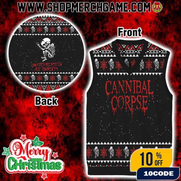Cannibal Corpse Butchered At Birth Ugly Christmas Sweater Gile Vest Death Metal Holiday Knit With Skull Pattern And Nordic Design For Winter Festivities
