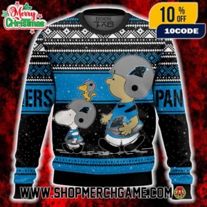 Carolina Panthers Snoopy Charlie Brown Ugly Christmas Sweater Peanuts NFL Football Holiday Knit With Fair Isle Pattern Snowflakes Winter Festive Gift For Fans