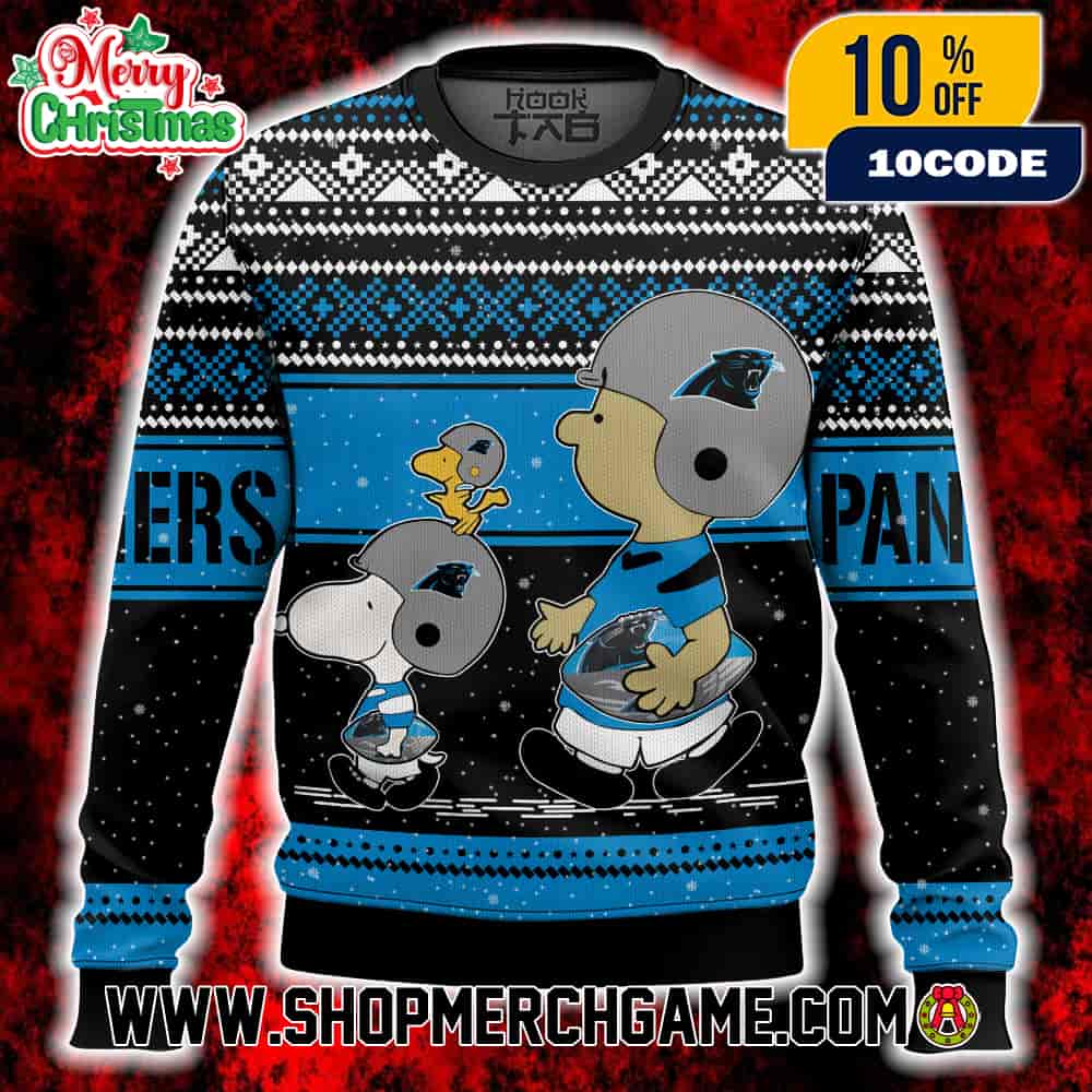 Carolina Panthers Snoopy Charlie Brown Ugly Christmas Sweater Peanuts NFL Football Holiday Knit With Fair Isle Pattern Snowflakes Winter Festive Gift For Fans Carolina Panthers Snoopy Charlie Brown Ugly Christmas Sweater Peanuts NFL Football Holiday Knit With Fair Isle Pattern Snowflakes Winter Festive Gift For Fans