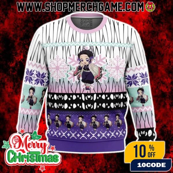 Chibi Christmas Shinobu Kocho Demon Slayer Ugly Christmas Sweater Kimetsu No Yaiba Anime Insect Hashira Holiday Knit Pullover Gift