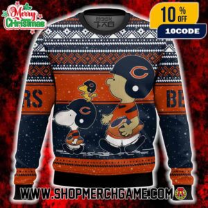 Chicago Bears Snoopy Charlie Brown Ugly Christmas Sweater Peanuts NFL Football Holiday Knit With Fair Isle Pattern Snowflakes Winter Festive Gift For Fans