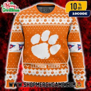 Clemson Tigers Ugly Christmas Sweater NCAA ACC Tiger Paw Logo Orange White Fair Isle Knit Pattern Holiday Winter Gift Clemson University