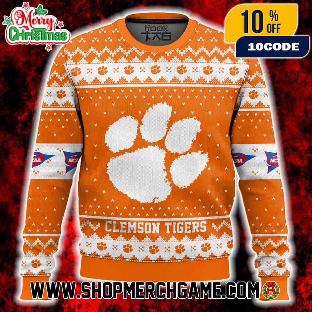 Clemson Tigers Ugly Christmas Sweater NCAA ACC Tiger Paw Logo Orange White Fair Isle Knit Pattern Holiday Winter Gift Clemson University Clemson Tigers Ugly Christmas Sweater NCAA ACC Tiger Paw Logo Orange White Fair Isle Knit Pattern Holiday Winter Gift Clemson University