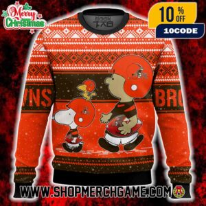 Cleveland Browns Snoopy Charlie Brown Ugly Christmas Sweater Peanuts NFL Football Holiday Knit With Fair Isle Pattern Snowflakes Winter Festive Gift For Fans