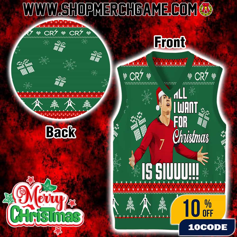 Cristiano Ronaldo CR7 All I Want For Christmas Is Siuuu Ugly Sweater Gile Vest Sleeveless Green Red White Fair Isle Pattern Holiday Party Wear Gift For Soccer Fans Xmas Cristiano Ronaldo CR7 All I Want For Christmas Is Siuuu Ugly Sweater Gile Vest Sleeveless Green Red White Fair Isle Pattern Holiday Party Wear Gift For Soccer Fans Xmas