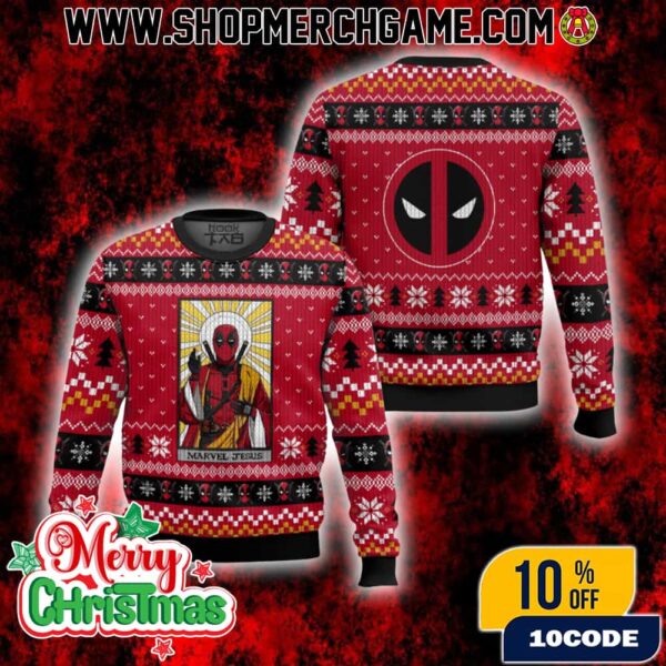 Deadpool Marvel Jesus Ugly Christmas Sweater Superhero Holiday Knitted Pullover Fair Isle Pattern Snowflake Mask Logo Winter Apparel Gift For Marvel Comic Fans