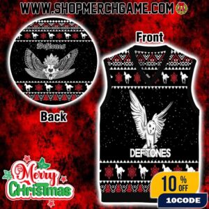 Deftones Ugly Sweater Gile Vest Sleeveless Christmas Knit Fair Isle Pattern White Pony Skull Angel Red Black Holiday Party Wear Gift For Alternative Metal Fans Xmas