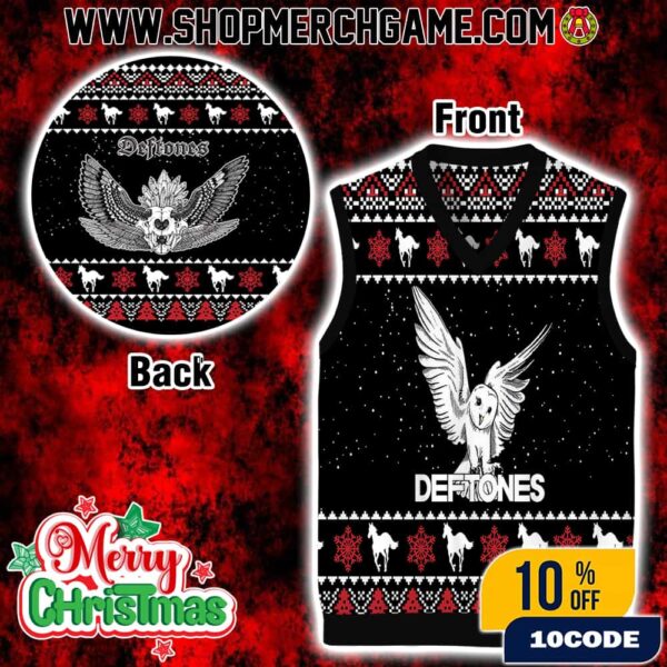 Deftones Ugly Sweater Gile Vest Sleeveless Christmas Knit Fair Isle Pattern White Pony Skull Angel Red Black Holiday Party Wear Gift For Alternative Metal Fans Xmas