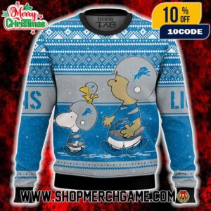 Detroit Lions Snoopy Charlie Brown Peanuts Holiday Knit Sweater Honolulu Blue Silver Nordic Pattern Ugly Christmas Sweater For NFL Fans Men Women