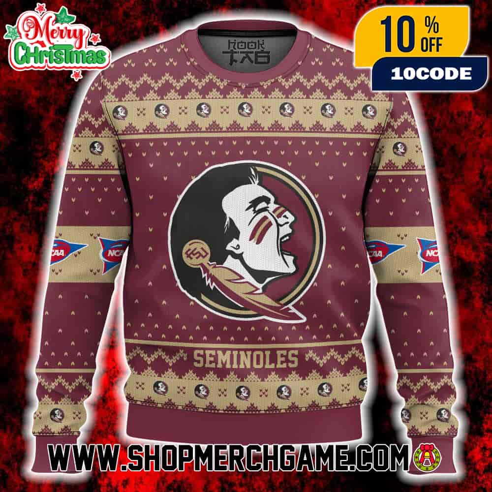 Florida State Seminoles Ugly Christmas Sweater NCAA ACC Osceola Logo Garnet Gold Fair Isle Knit Pattern Holiday Winter Gift FSU Florida State Seminoles Ugly Christmas Sweater NCAA ACC Osceola Logo Garnet Gold Fair Isle Knit Pattern Holiday Winter Gift FSU
