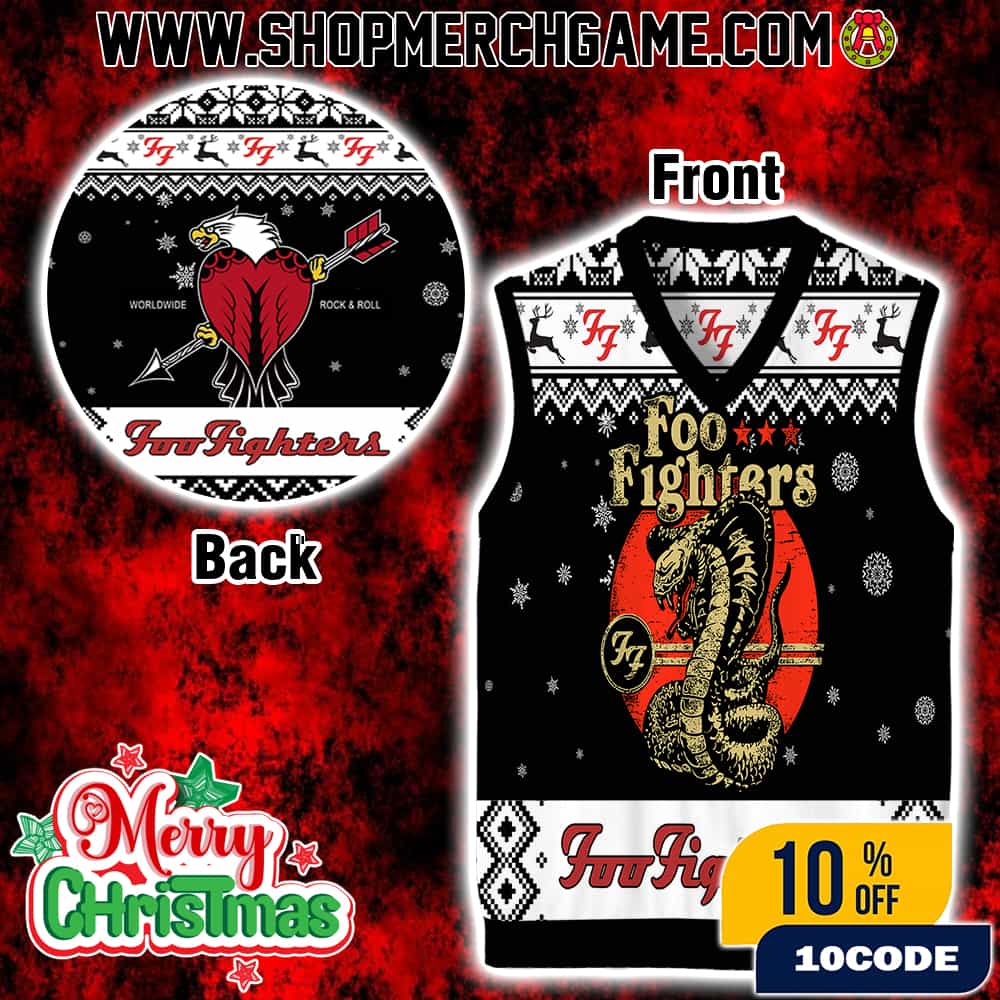 Foo Fighters Ugly Sweater Gile Vest Sleeveless Christmas Knit Fair Isle Pattern Red Heart Snake Gold Worldwide Rock And Roll Holiday Party Wear Gift For Rock Fans Xmas Foo Fighters Ugly Sweater Gile Vest Sleeveless Christmas Knit Fair Isle Pattern Red Heart Snake Gold Worldwide Rock And Roll Holiday Party Wear Gift For Rock Fans Xmas
