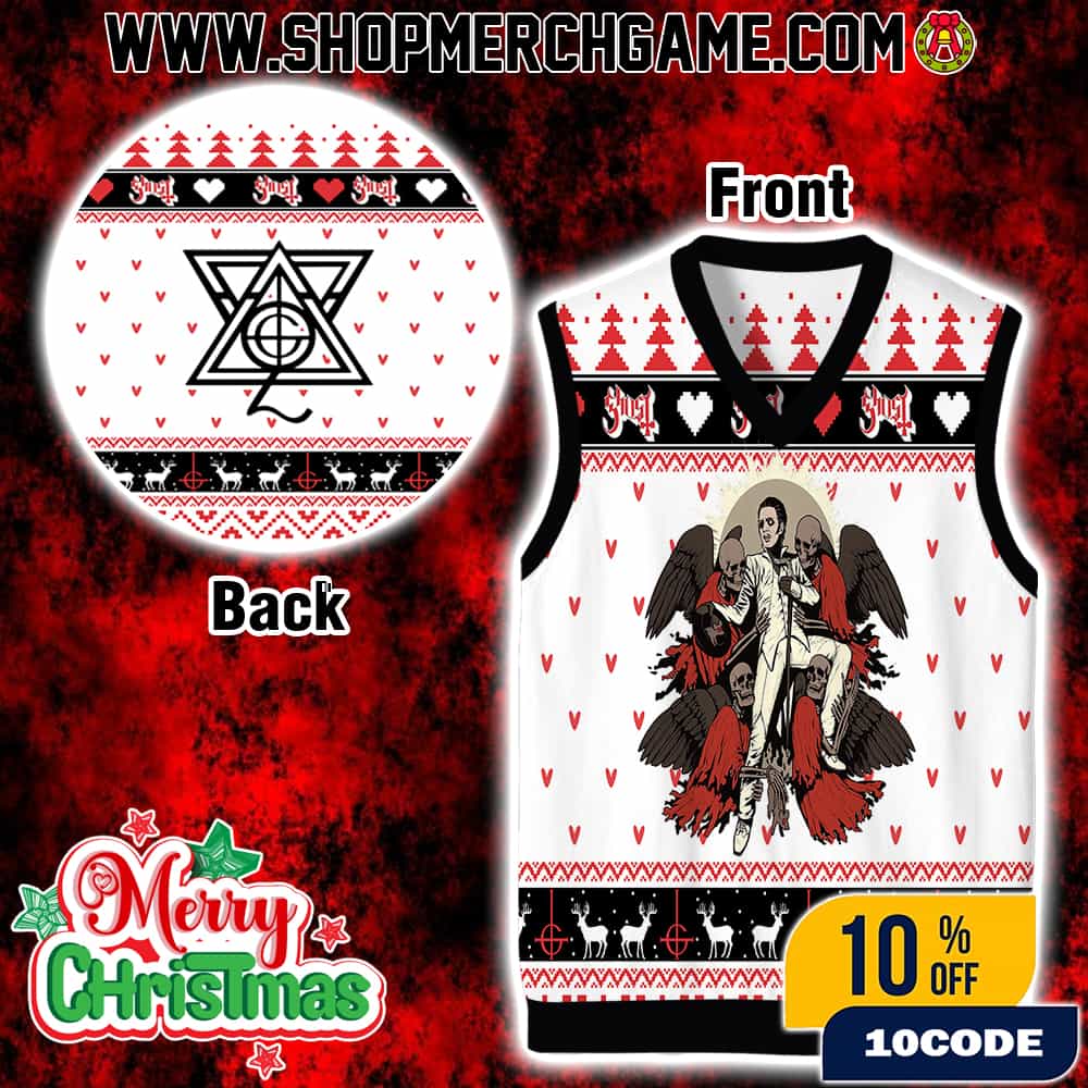 Ghost Band Gile Ugly Christmas Sweater Vest With Papa Emeritus Angel Wings Crow Design Nordic Pattern Holiday Knit For Metal Fans Ghost Band Gile Ugly Christmas Sweater Vest With Papa Emeritus Angel Wings Crow Design Nordic Pattern Holiday Knit For Metal Fans