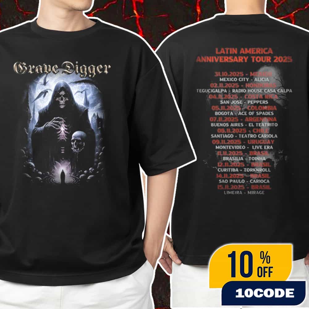 Grave Digger New Tour Merch Latin America Anniversary Tour 2025 With Tour Dates Backprint Unisex Two Sides T-Shirt Grave Digger New Tour Merch Latin America Anniversary Tour 2025 With Tour Dates Backprint Unisex Two Sides T-Shirt