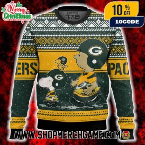 Green Bay Packers Snoopy Charlie Brown Peanuts Holiday Knit Sweater Forest Green Gold Nordic Pattern Ugly Christmas Sweater For NFL Fans Men Women