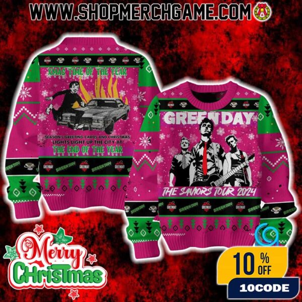 Green Day The Saviors Tour 2024 Ugly Christmas Sweater Punk Rock Holiday Knit Pullover