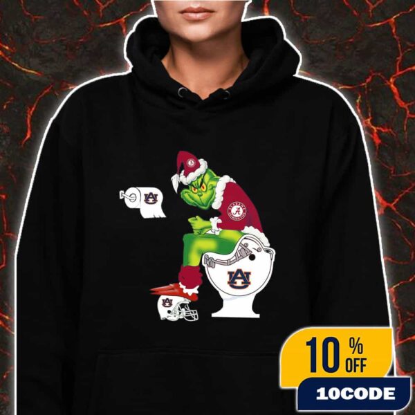 Grinch Christmas Hoodie Black Alabama Crimson Tide Sitting On Toilet Auburn Tigers Holiday Sweatshirt Funny College Football NCAA