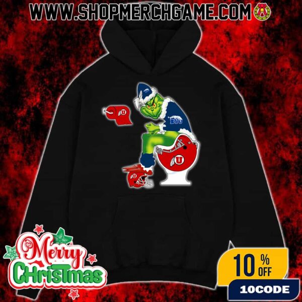 Grinch Christmas Hoodie Black BYU Cougars Sitting On Toilet Utah Utes Holiday Sweatshirt Funny College Football NCAA