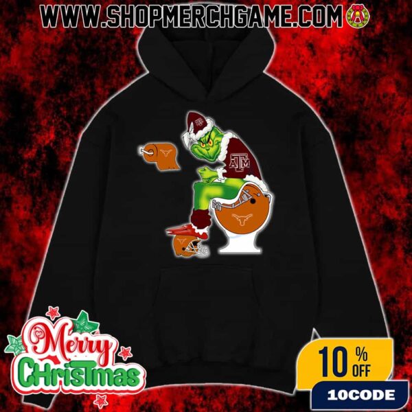 Grinch Christmas Hoodie Black Texas AM Aggies Sitting On Toilet Texas Longhorns Holiday Sweatshirt Funny College Football NCAA
