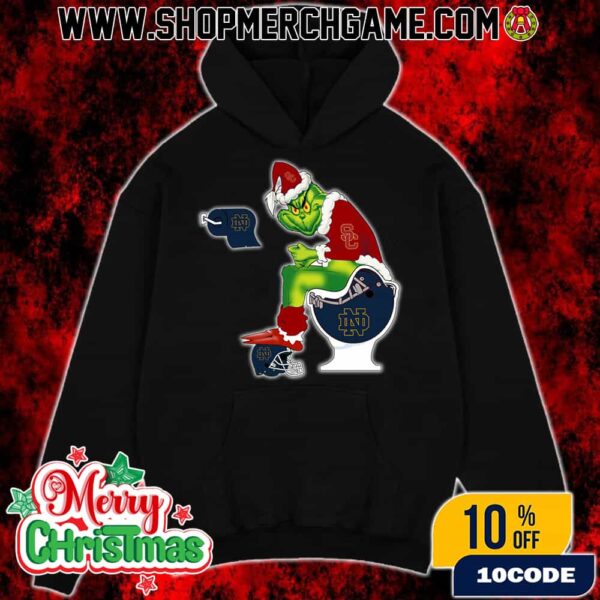 Grinch Christmas Hoodie Black USC Trojans Sitting On Toilet Notre Dame Fighting Irish Holiday Sweatshirt Funny College Football NCAA