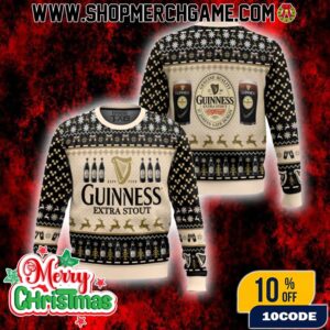 Guinness Extra Stout Ugly Christmas Sweater 2025 Est 1759 James Gate Dublin Black Cream Knitted Pullover Fair Isle Pattern Beer Glass Reindeer Design Holiday Gift For Irish Stout Lovers