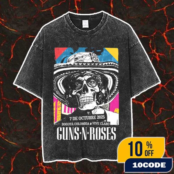 Guns N’ Roses Poster Tour On October 7 2025 At Vive Claro Distrito Cultural Bogota Colombia Rock Band Latin America Tour Artwork Vintage Washed Unisex T-Shirt