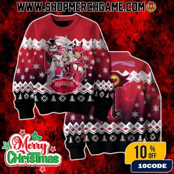 Hazbin Hotel Characters Ugly Christmas Sweater Holiday Cartoon Knit Pullover