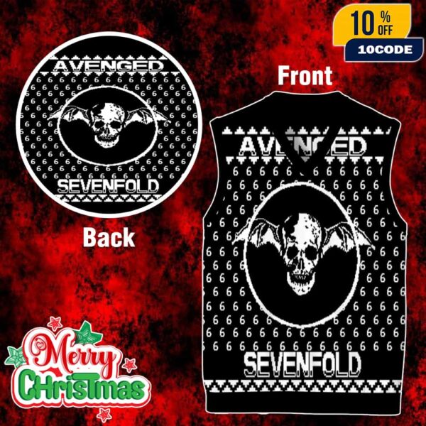 Heavy Metal Christmas Sweater Vest Avenged Sevenfold Bat Skull Ugly Holiday Knit Gile