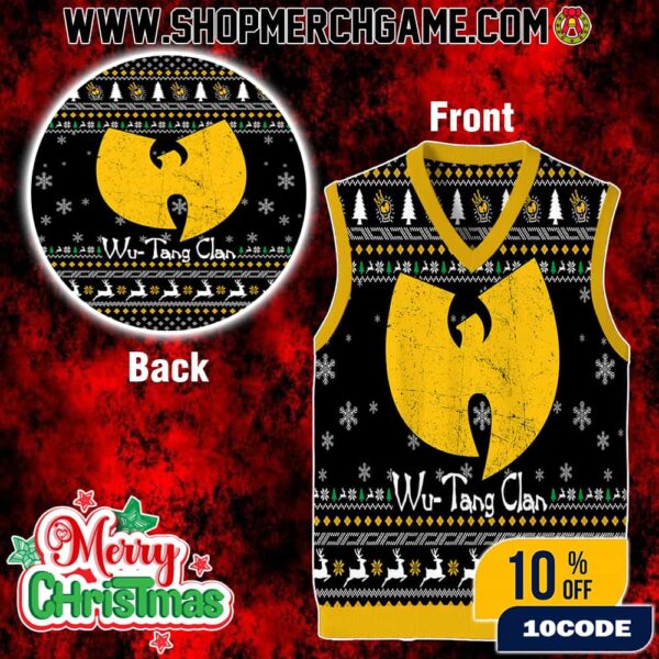 Hip Hop Christmas Knitted Gile Wu-Tang Clan Yellow Logo Sleeveless Ugly Sweater Vest Holiday Party Outfit For Rap Music Lovers