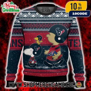 Houston Texans Snoopy Charlie Brown Peanuts Holiday Knit Sweater Navy Red Nordic Pattern Ugly Sweater For NFL Fans Men Women Gift