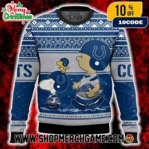 Indianapolis Colts Snoopy And Charlie Brown Christmas Knit Ugly Sweater Royal Blue Grey Nordic Pattern Holiday Pullover For NFL Fans Men Women