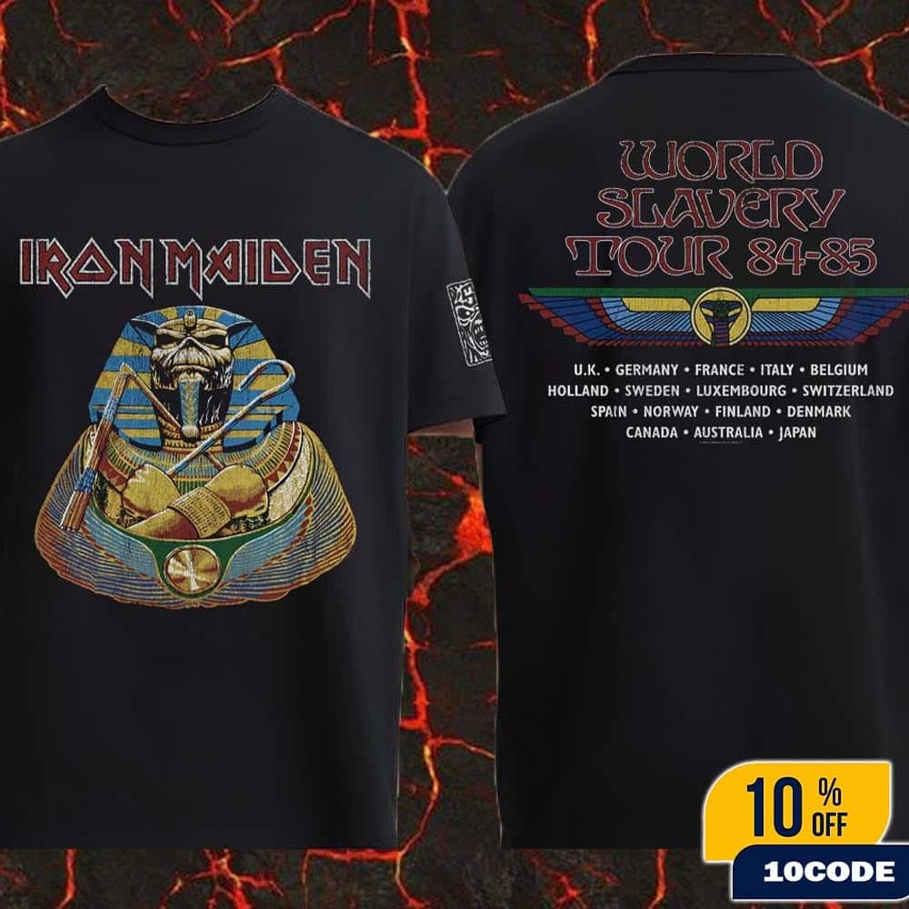 Iron Maiden 50th Anniversary World Slavery Tour 85-85 Powerslave Pharaoh Eddie Merch T-Shirt Iron Maiden 50th Anniversary World Slavery Tour 85-85 Powerslave Pharaoh Eddie Merch T-Shirt