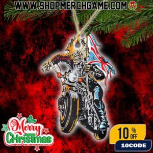 Iron Maiden Eddie The Head Christmas Ornament Motorcycle Biker Union Jack Flag Design Holiday Decoration Heavy Metal Band Mascot Collectible Tree Ornament Gift For Metal Fans