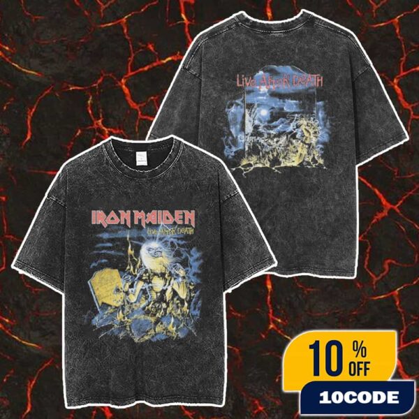 Iron Maiden Merch New Collections 2025 Live After Death 40th Anniversary Merch Unisex Two Sided Washed T-Shirt