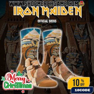 Iron Maiden Powerslave Christmas Crew Socks Pharaoh Eddie Egyptian Theme Blue Gold Heavy Metal Band Holiday Gift Winter Party Wear For Metalheads Xmas Stocking Stuffer