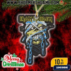 Iron Maiden Powerslave Christmas Ornament Ceramic Holiday Decoration Mummy Eddie Wrapped In Chains Blue Yellow Design Tree Ornament Collectible Gift For Heavy Metal Fans