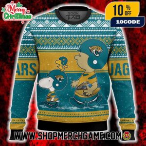 Jacksonville Jaguars Peanuts Snoopy Charlie Brown Christmas Knit Ugly Sweater Teal Gold Nordic Pattern Holiday Pullover For NFL Fans Men Women