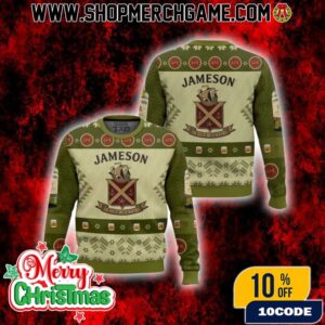 Jameson Irish Whiskey Ugly Christmas Sweater Knit Pattern Holiday Pullover With Snowflakes And Fair Isle Design
