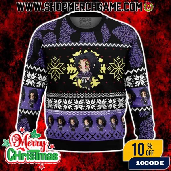 Kokushibo Chibi Demon Slayer Ugly Christmas Sweater Fair Isle Knit Holiday Pullover Upper Moon One Anime Gift Snowflake Design