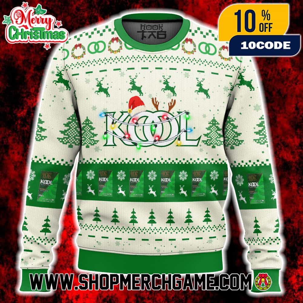 Kool Cigarettes Ugly Christmas Sweater Vintage Menthol Brand Green Logo Santa Hat Reindeer Antlers Christmas Lights Holiday Knit With Snowflakes Winter Festive Gift Kool Cigarettes Ugly Christmas Sweater Vintage Menthol Brand Green Logo Santa Hat Reindeer Antlers Christmas Lights Holiday Knit With Snowflakes Winter Festive Gift