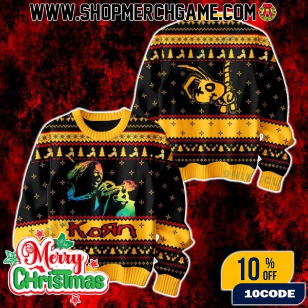 Korn Band Sweater Black And Yellow Design Ugly Christmas Jumper Rock Metal Holiday Knit