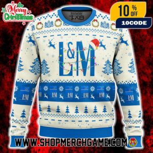 L&M Cigarettes Ugly Christmas Sweater Vintage Brand Logo Coat Of Arms Holiday Knit With Reindeer Christmas Lights Santa Hat Snowflakes Winter Gift L&M Cigarettes Ugly Christmas Sweater Vintage Brand Logo Coat Of Arms Holiday Knit With Reindeer Christmas Lights Santa Hat Snowflakes Winter Gift