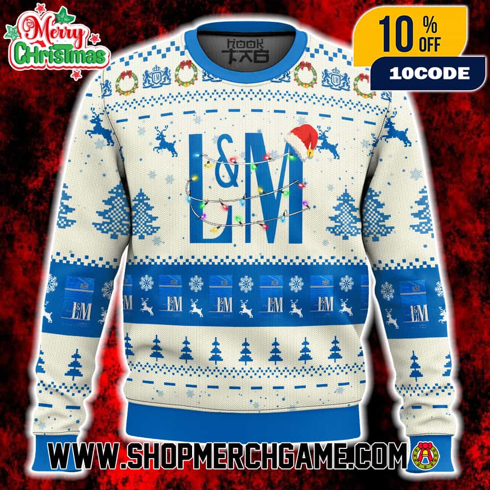 L&M Cigarettes Ugly Christmas Sweater Vintage Brand Logo Coat Of Arms Holiday Knit With Reindeer Christmas Lights Santa Hat Snowflakes Winter Gift L&M Cigarettes Ugly Christmas Sweater Vintage Brand Logo Coat Of Arms Holiday Knit With Reindeer Christmas Lights Santa Hat Snowflakes Winter Gift