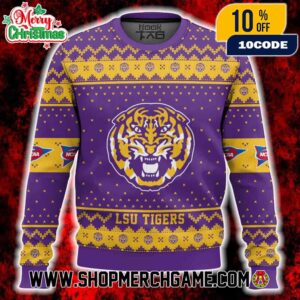 LSU Tigers Ugly Christmas Sweater NCAA SEC Mike The Tiger Logo Purple Gold Fair Isle Knit Pattern Holiday Winter Gift Louisiana State University